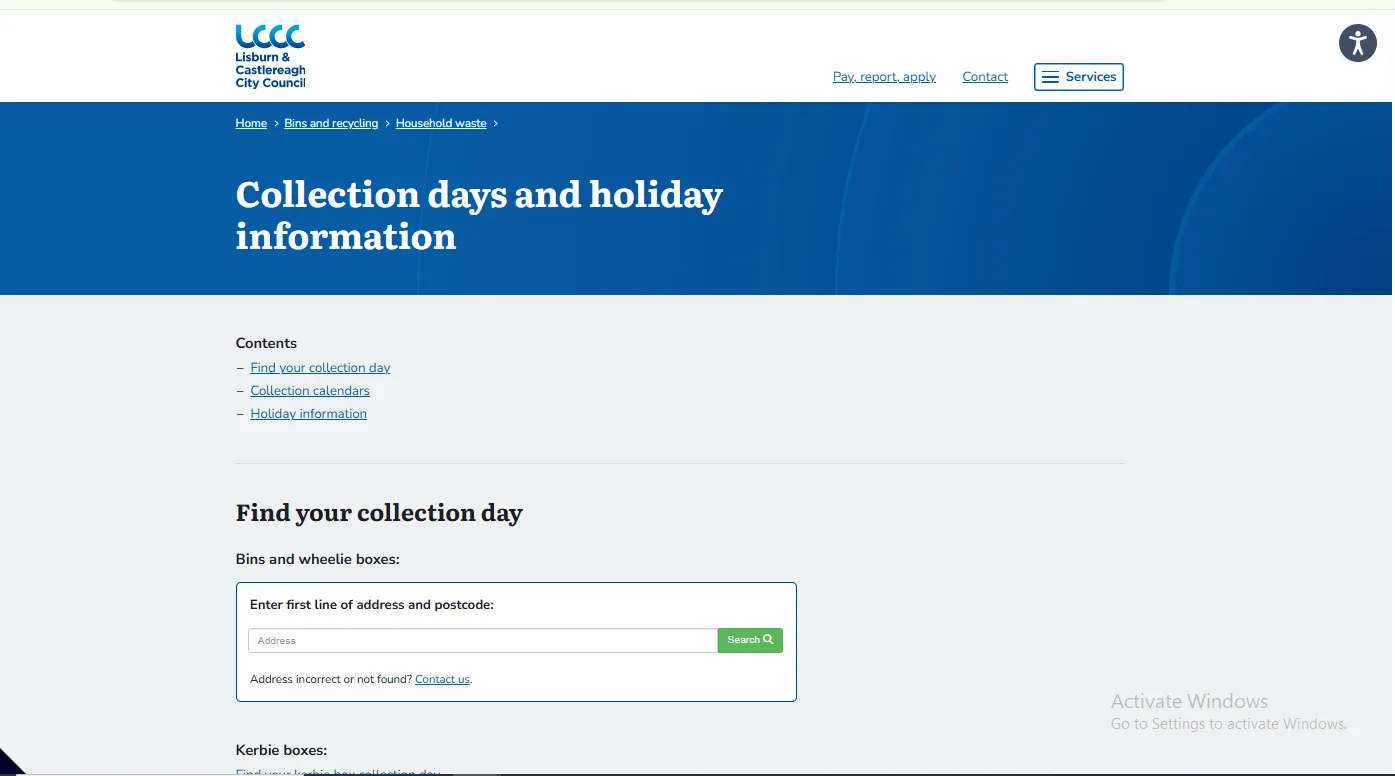 Screenshot guide showing the official Lisburn and Castlereagh collection days and holiday information page