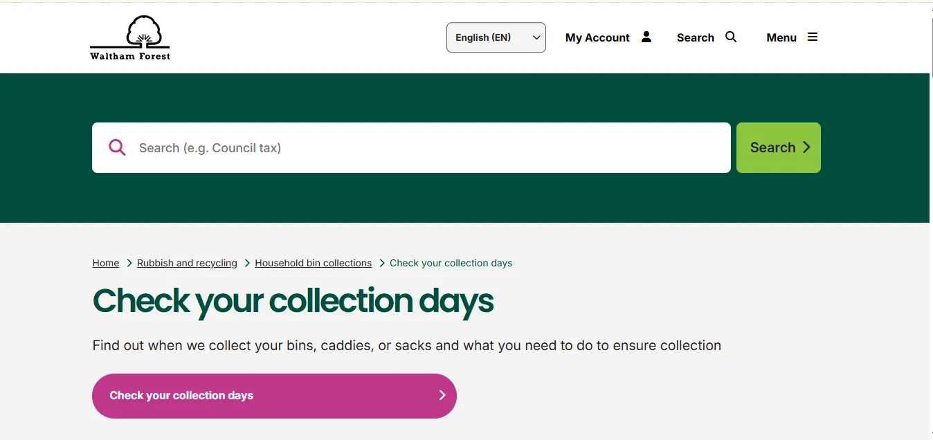 Screenshot guide showing the official Waltham Forest bin collection days lookup page