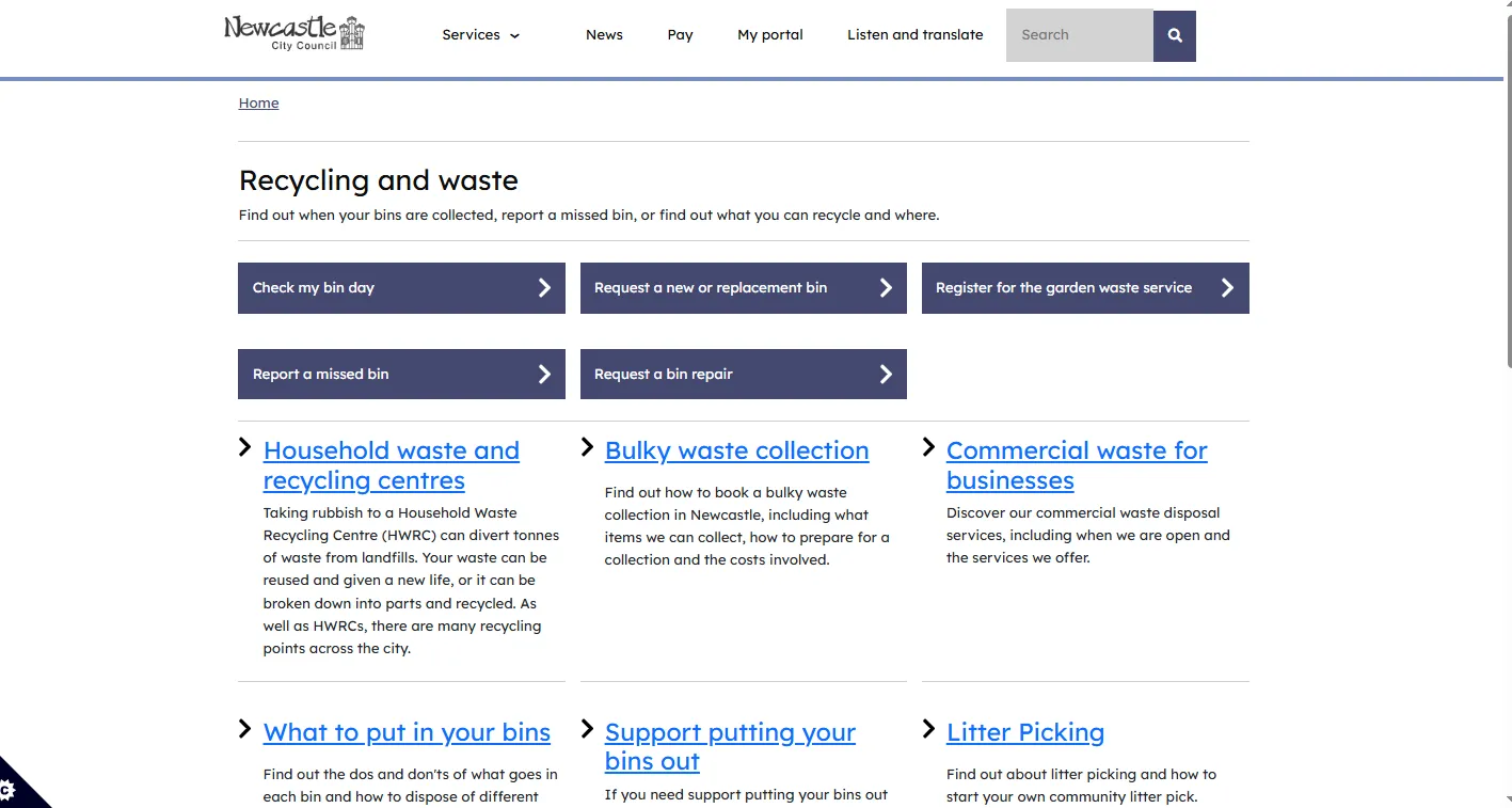 Screenshot guide showing the official Newcastle City Council bin collection day lookup page