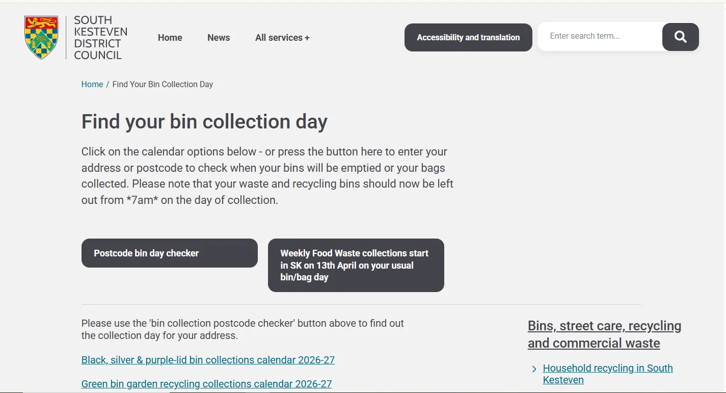 Screenshot guide showing the official South Kesteven District Council bin collection day lookup page