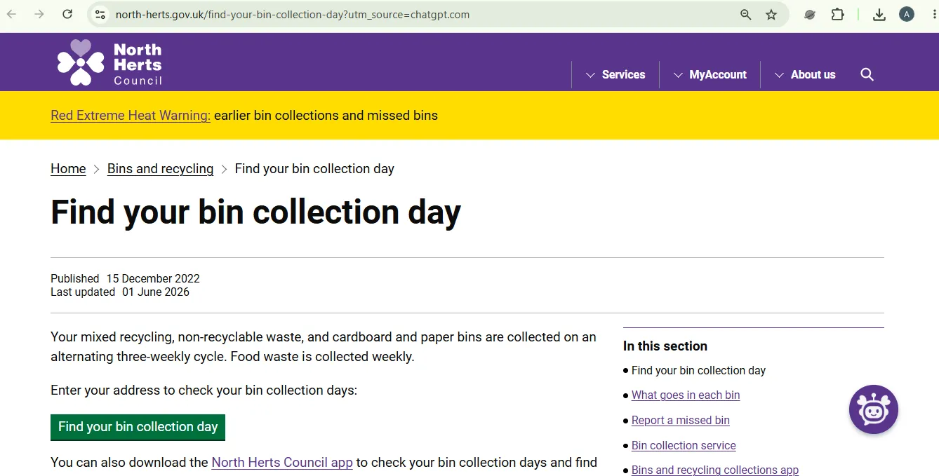 Screenshot guide showing the official North Herts Council bin collection day address lookup page