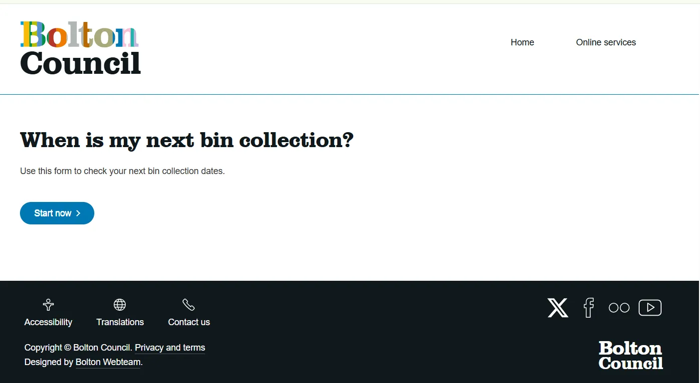 Screenshot guide showing the official Bolton Council bin collection dates lookup page
