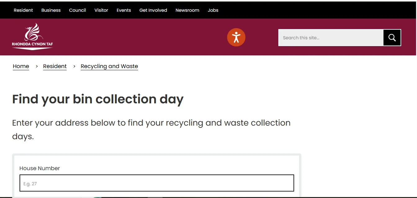 Screenshot guide showing the official Rhondda Cynon Taf bin collection day search page
