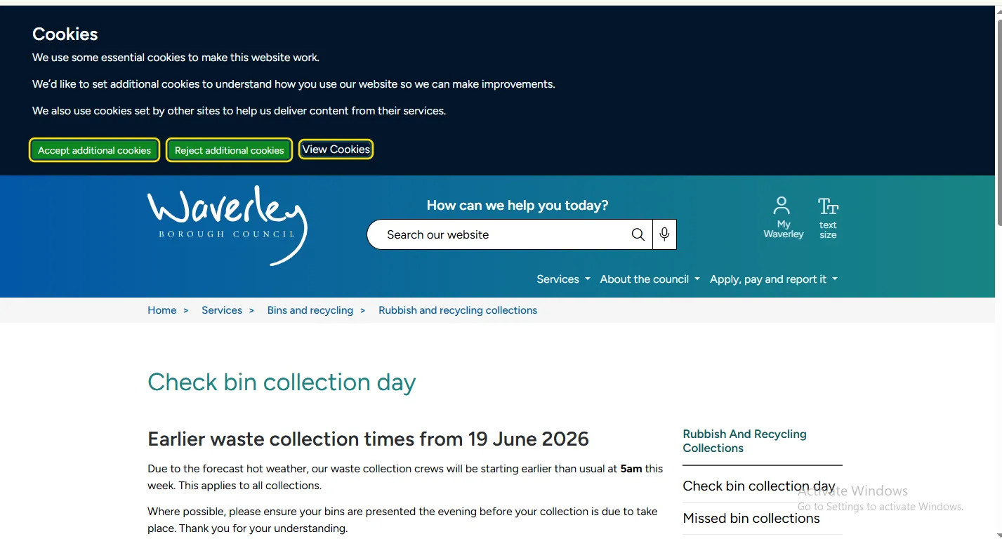 Screenshot guide showing the official Waverley bin collection day search page for postcode calendar checks