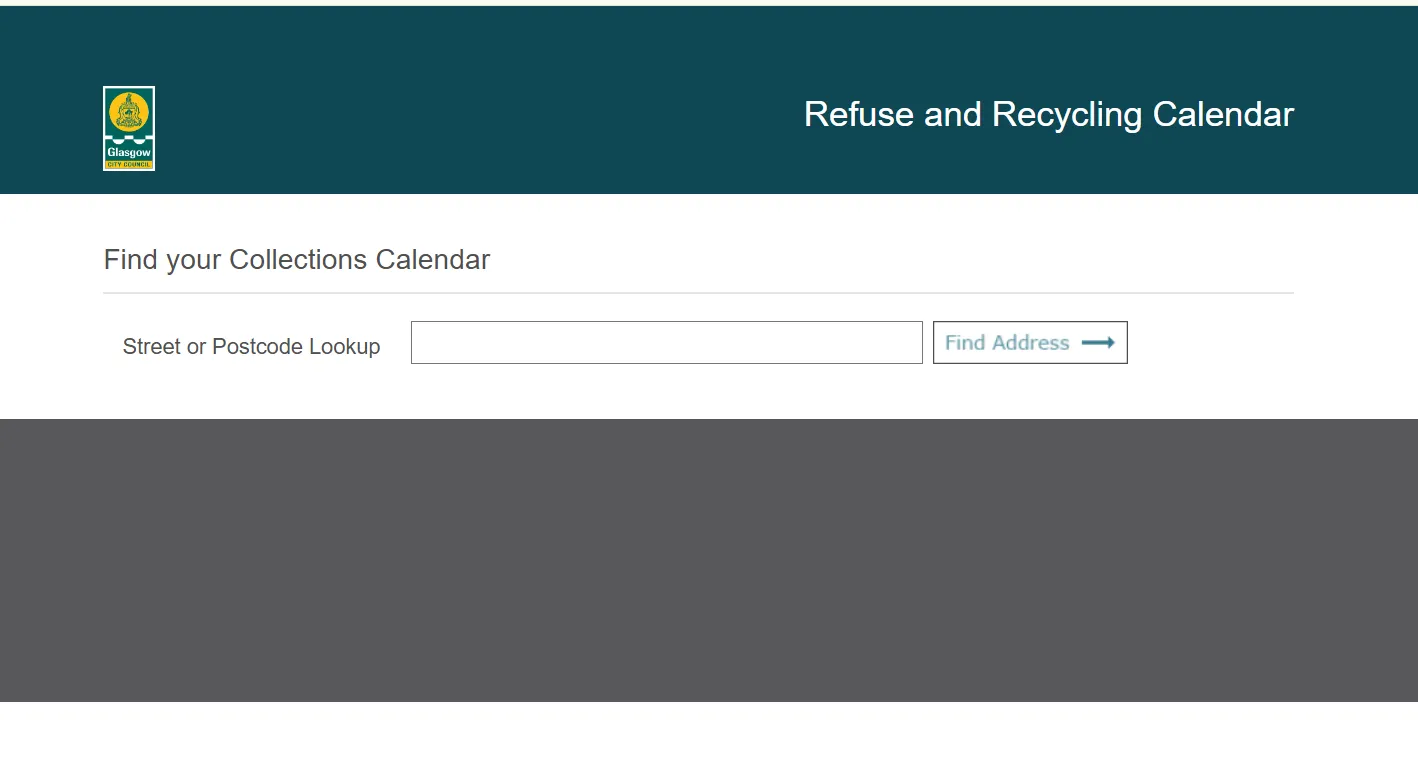 Screenshot guide showing the official Glasgow City Council refuse and recycling calendar lookup page