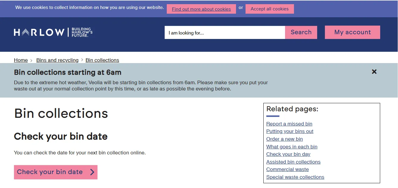 Screenshot guide showing the official Harlow Council bin collection calendar lookup page