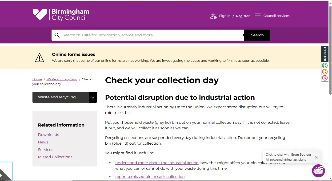 Screenshot guide showing the official Birmingham City Council bin collection day lookup page