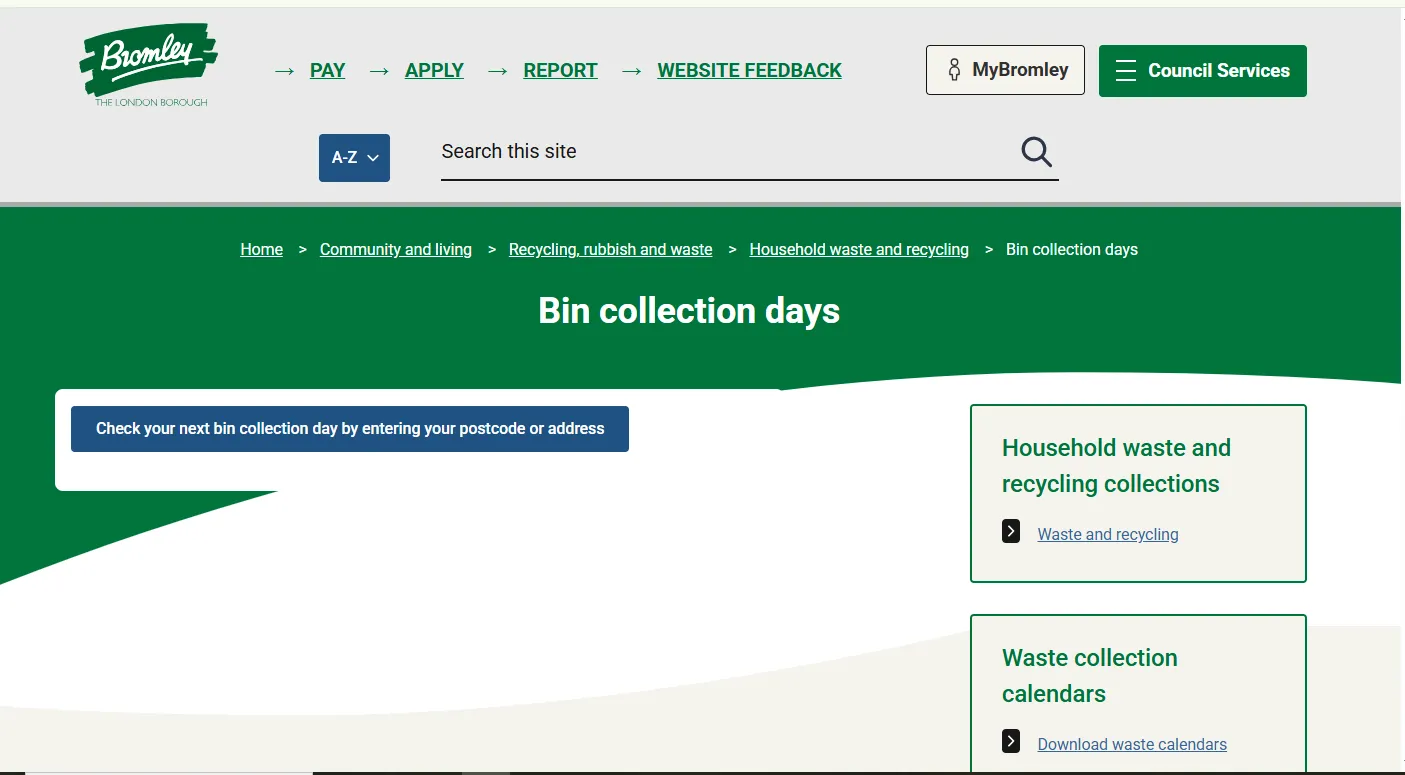Screenshot guide showing the official Bromley WasteWorks bin collection days postcode lookup page