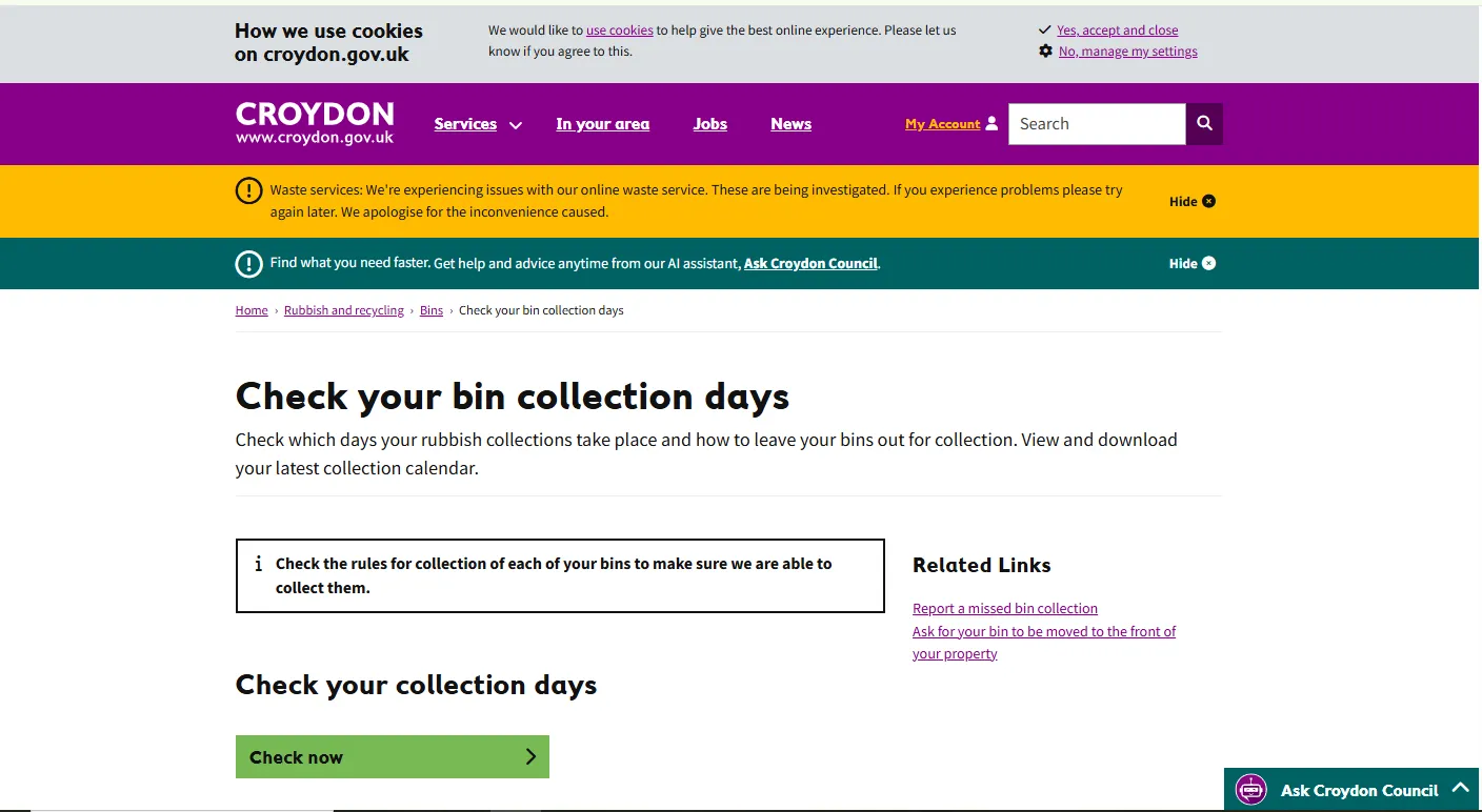 Screenshot guide showing the official Croydon Council bin collection calendar lookup page