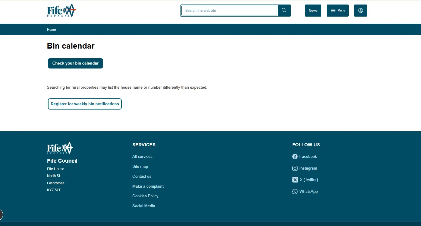 Screenshot guide showing the official Fife Council bin calendar lookup page
