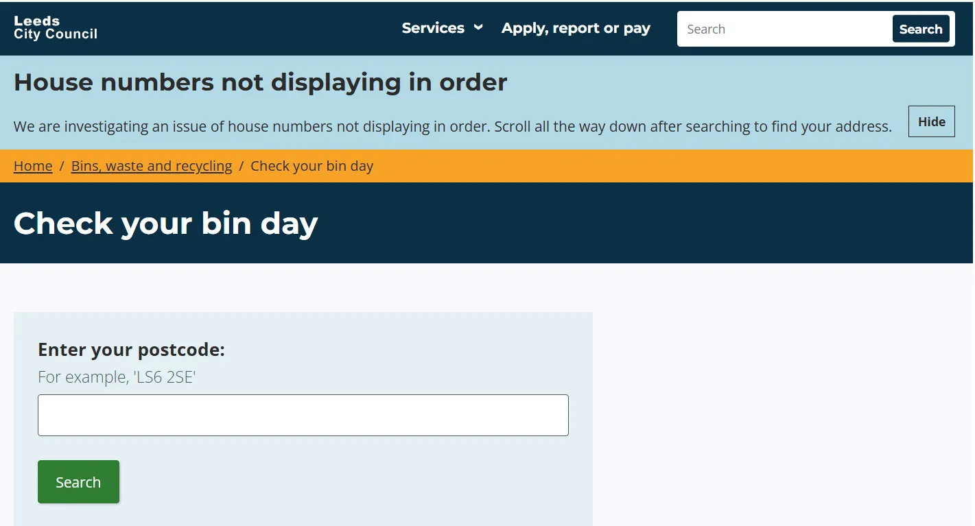 Screenshot guide showing the official Leeds City Council bin day lookup page