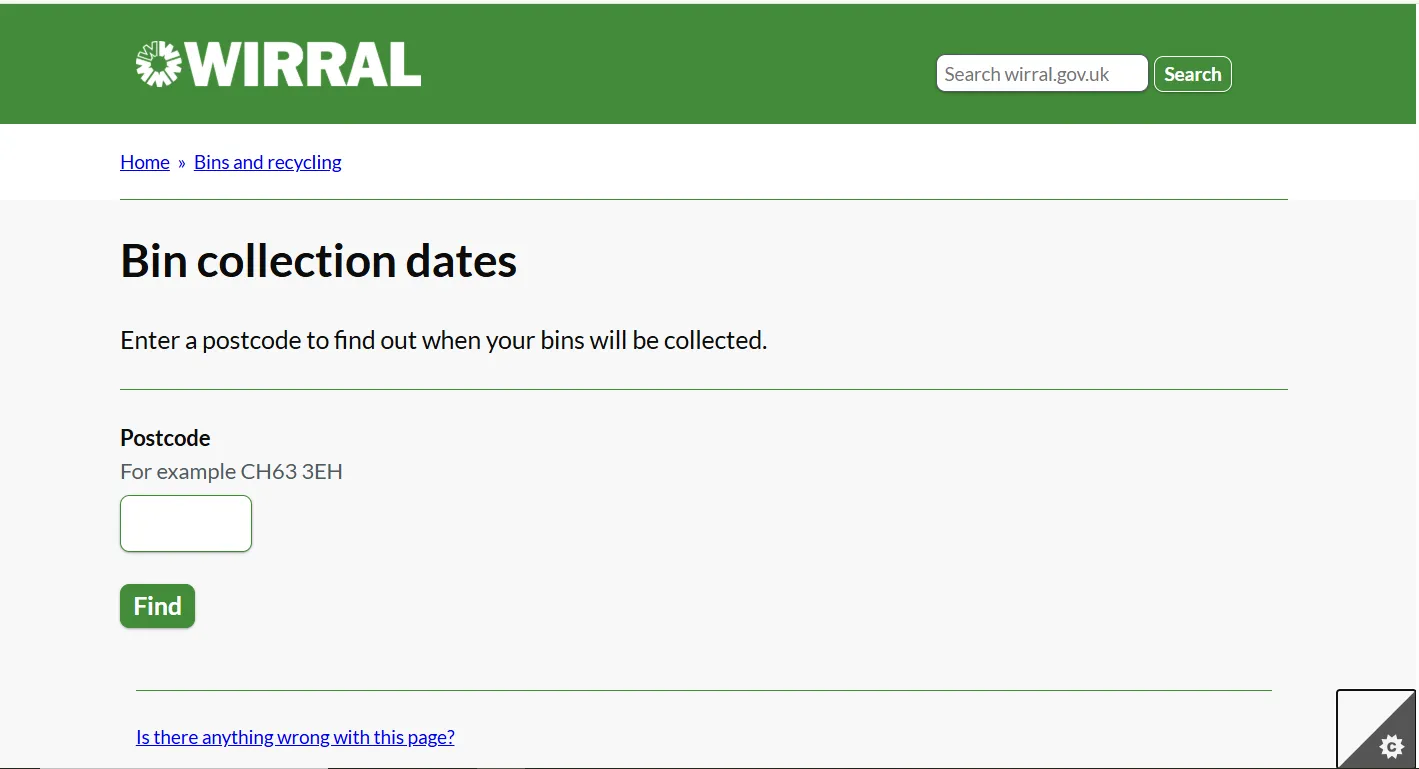 Screenshot guide showing the official Wirral Council bin calendar postcode lookup page