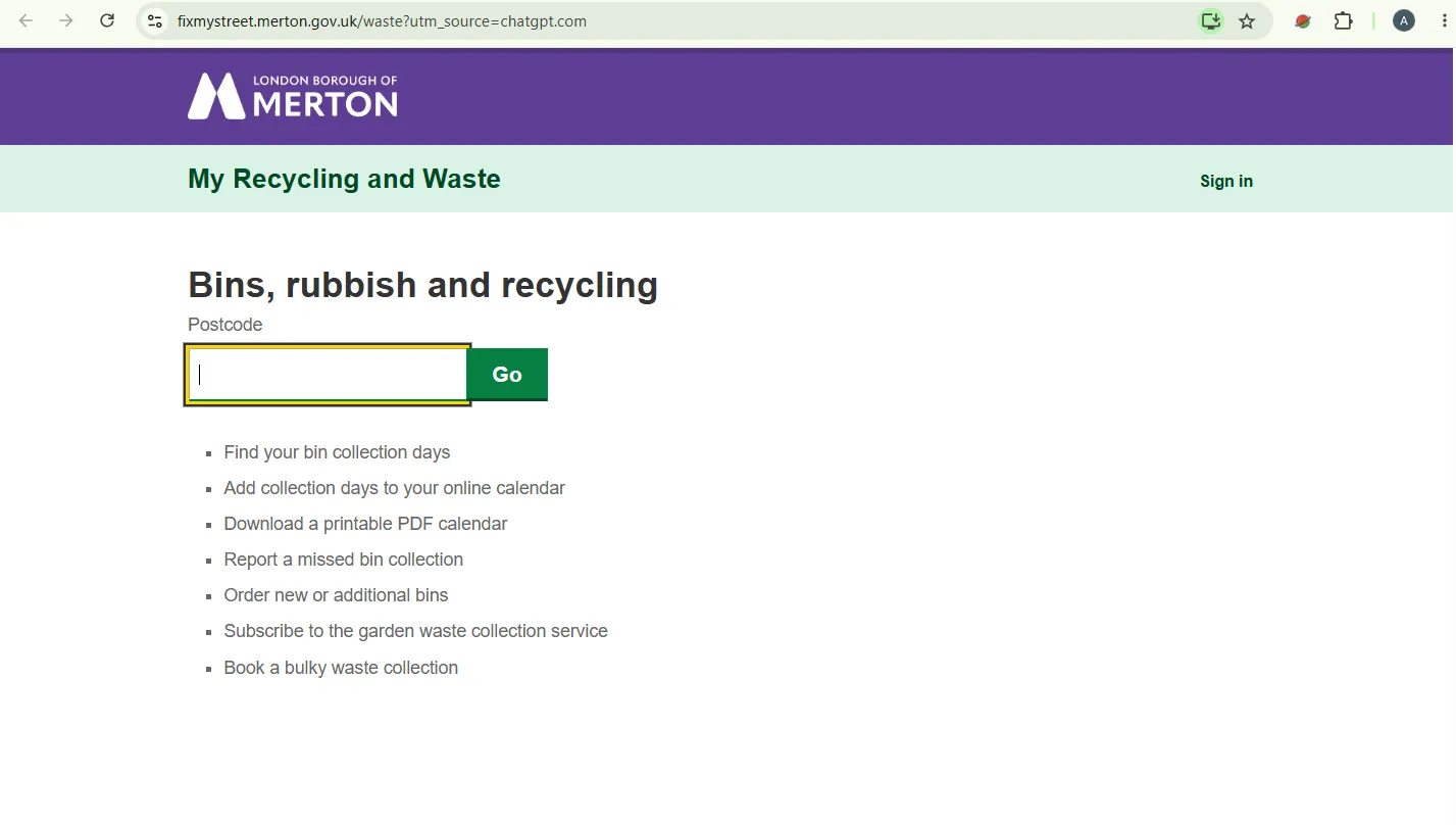 Screenshot guide showing the official Merton Council bin collection calendar checker page