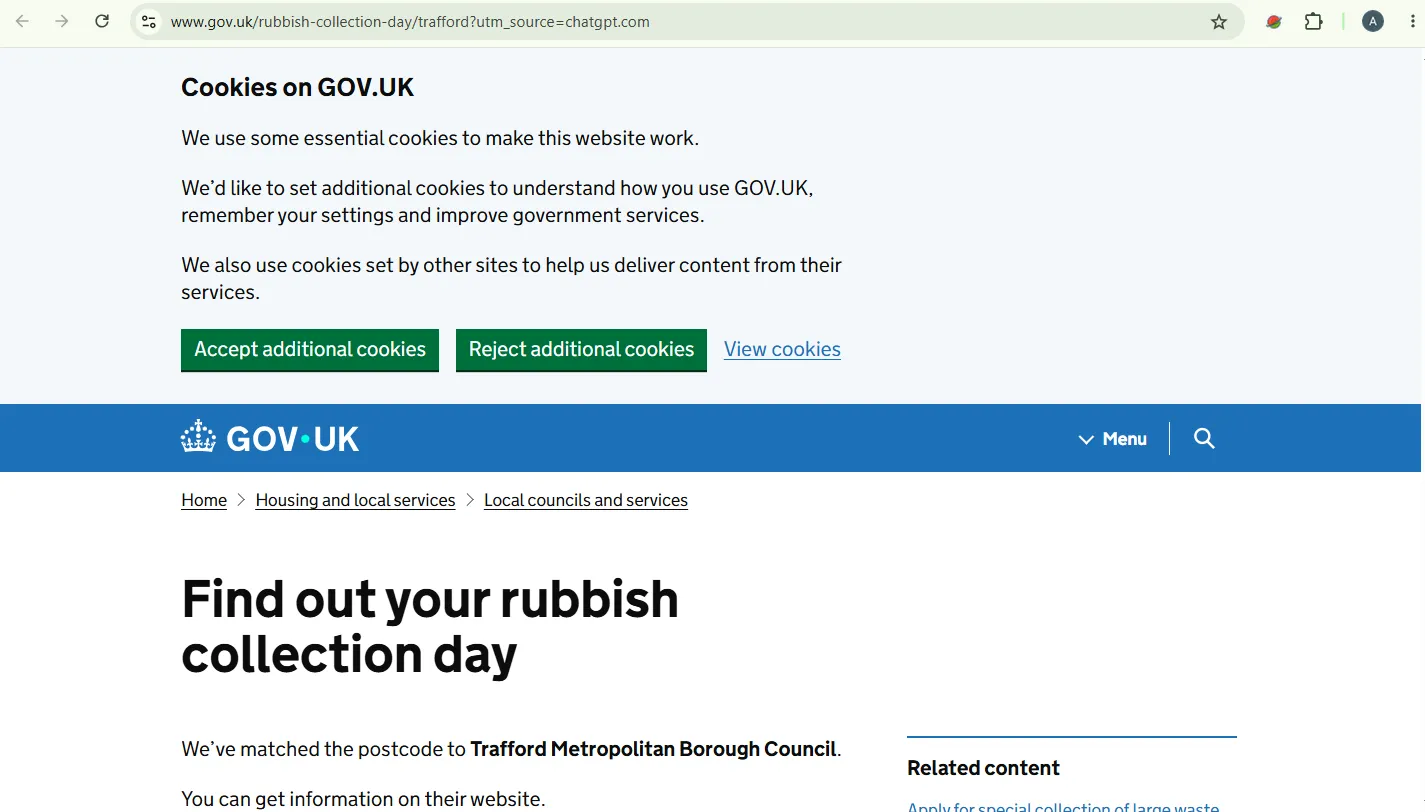 Screenshot guide showing the official Trafford Council bin collection calendar checker page