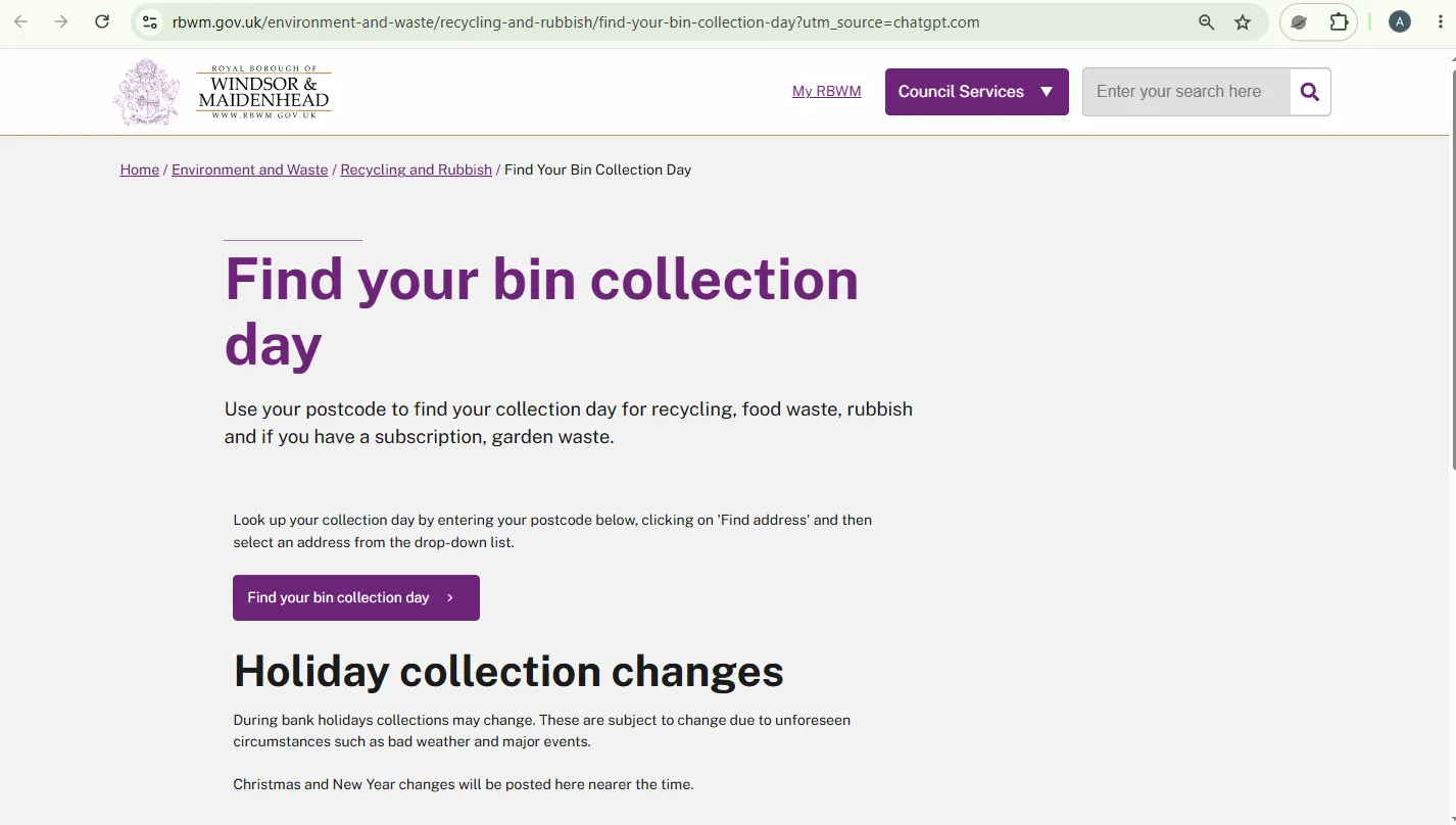 Screenshot guide showing the official RBWM bin collection day checker page