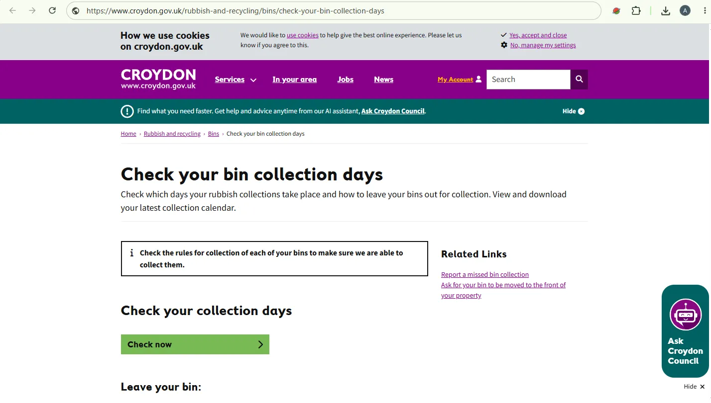 Croydon Council bin collection checker screenshot guide
