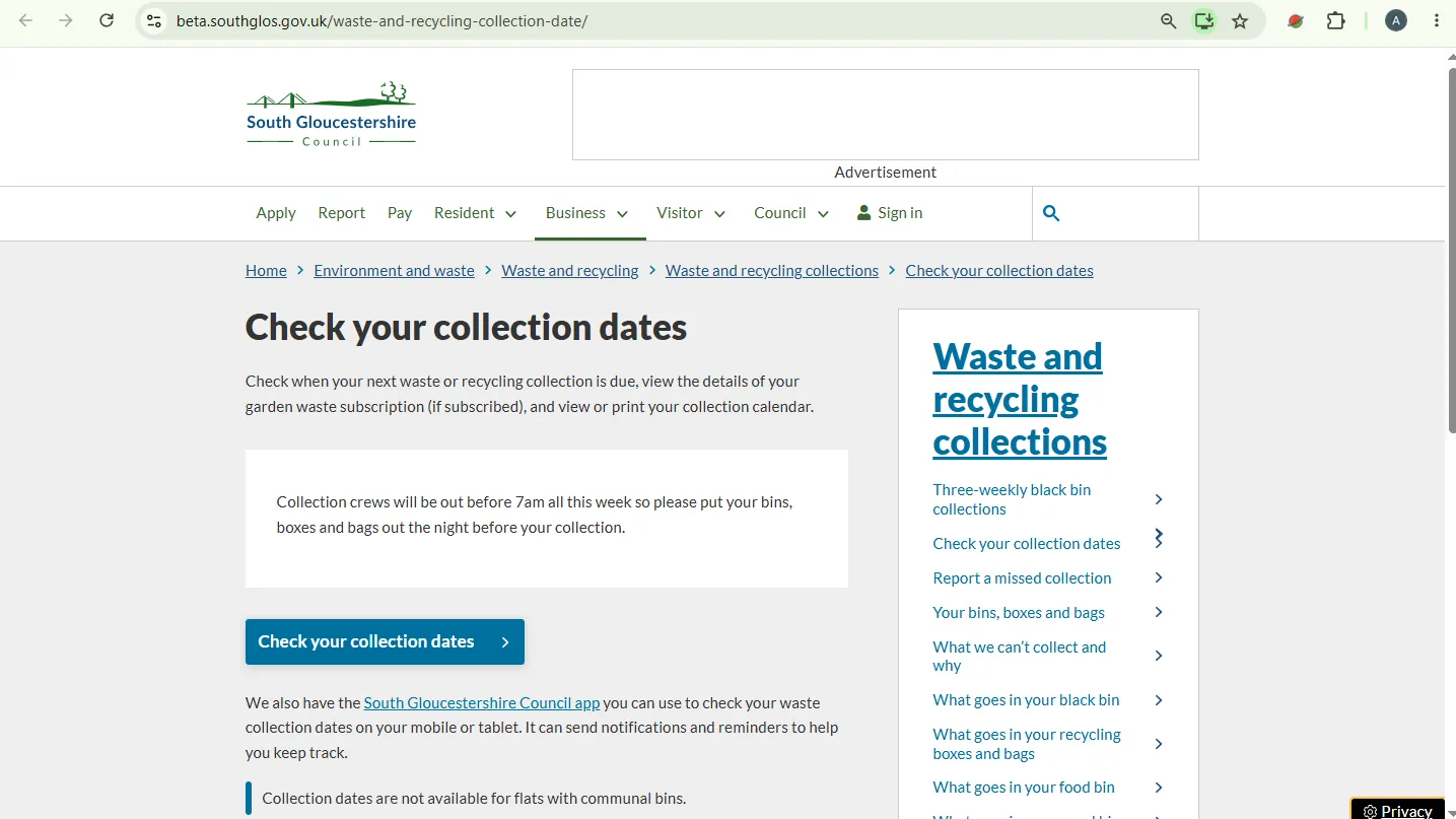 Screenshot guide showing the official South Gloucestershire bin collection date checker page
