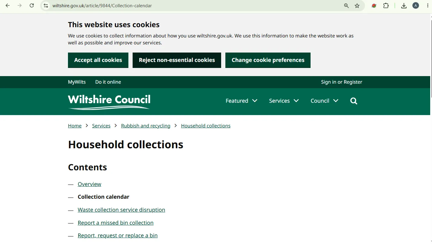 Screenshot guide showing the official Wiltshire waste collection calendar postcode checker page