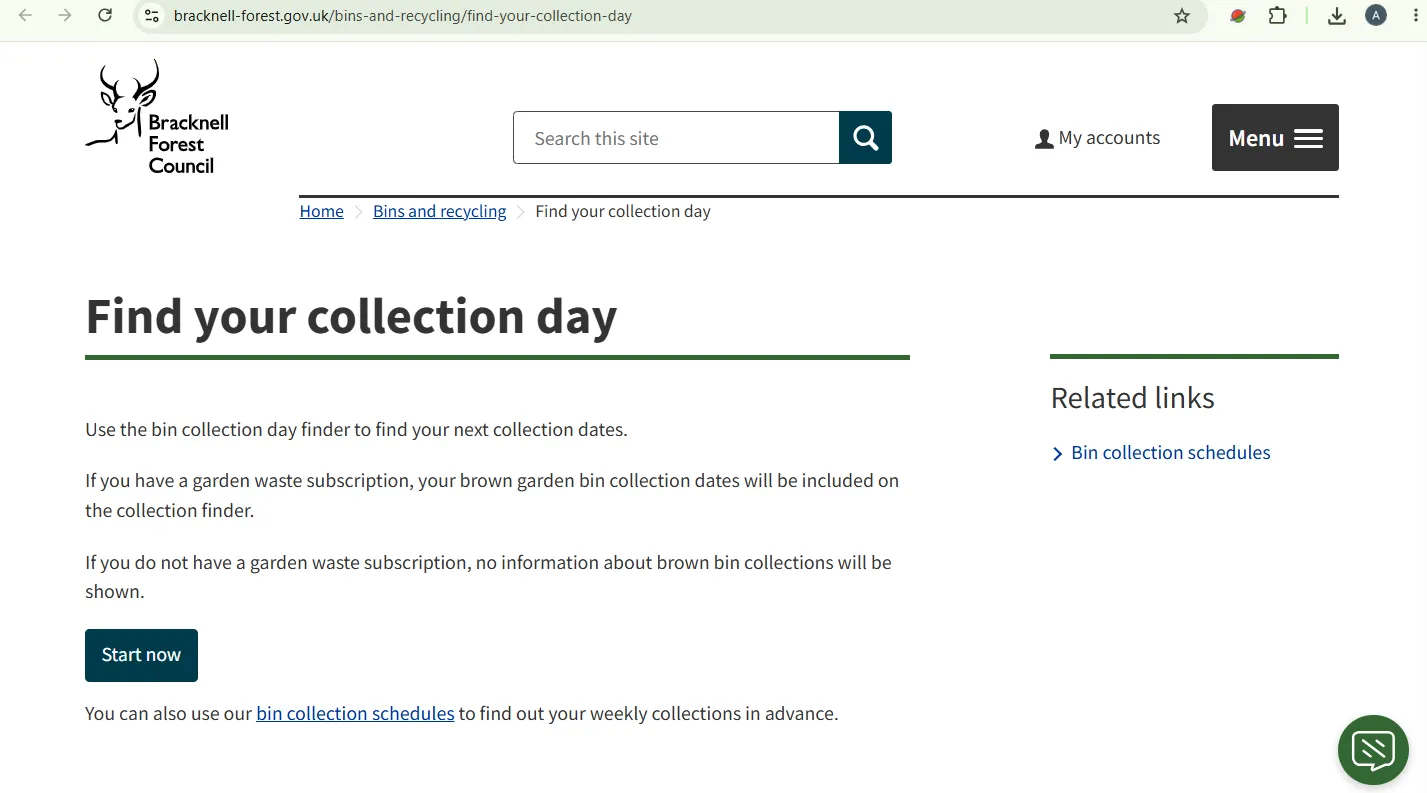 Screenshot guide showing the official Bracknell Forest bin collection day finder page