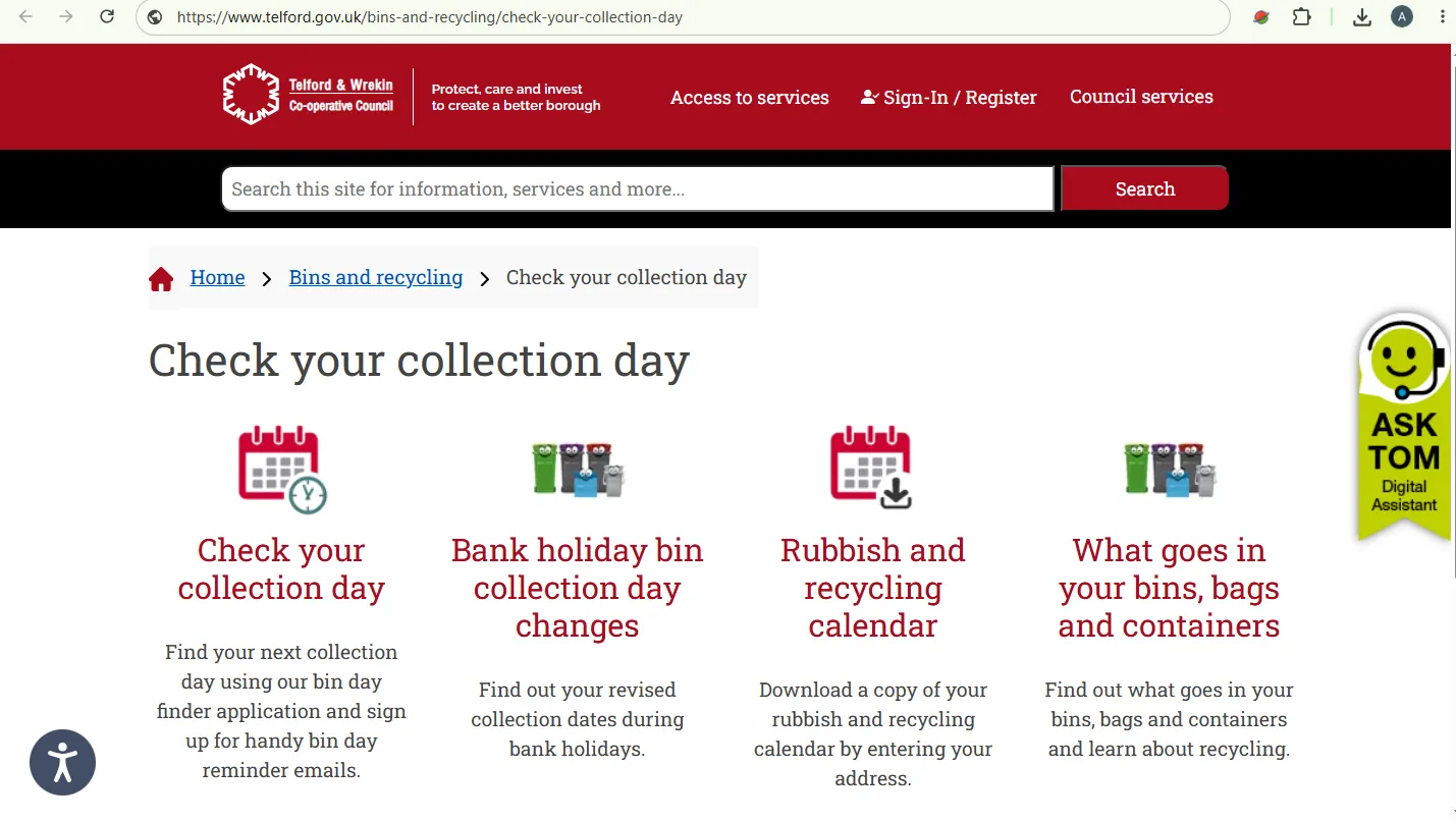 Screenshot guide showing the Telford and Wrekin Bin Day Finder for checking collection dates, calendars and reminders by postcode